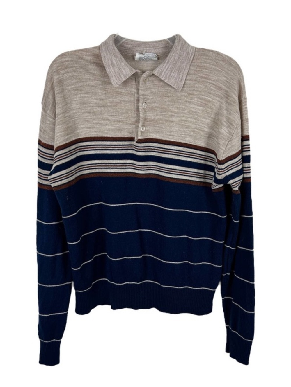 Vintage Striped Polo Sweater - Navy, Beige & Brown